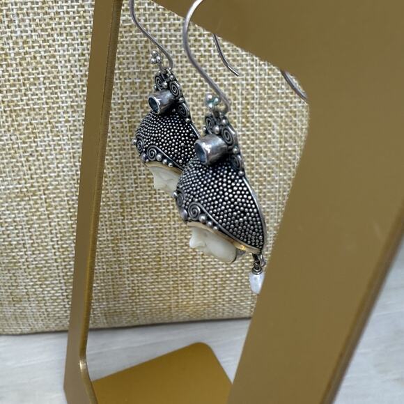 Unique NF Goddess 14K Gold Accent and Sterling Silver Carved Face Earrings - Picture 4 of 7